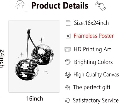 Disco Cherry Wall Art Funky Vintage Prints Black and White Disco Ball Poster Retro Trendy Wall Art Aesthetic Disco Posters Retro Fashion Prints Funky Disco Cherries Prints 70s Picture 16x24in No Frame