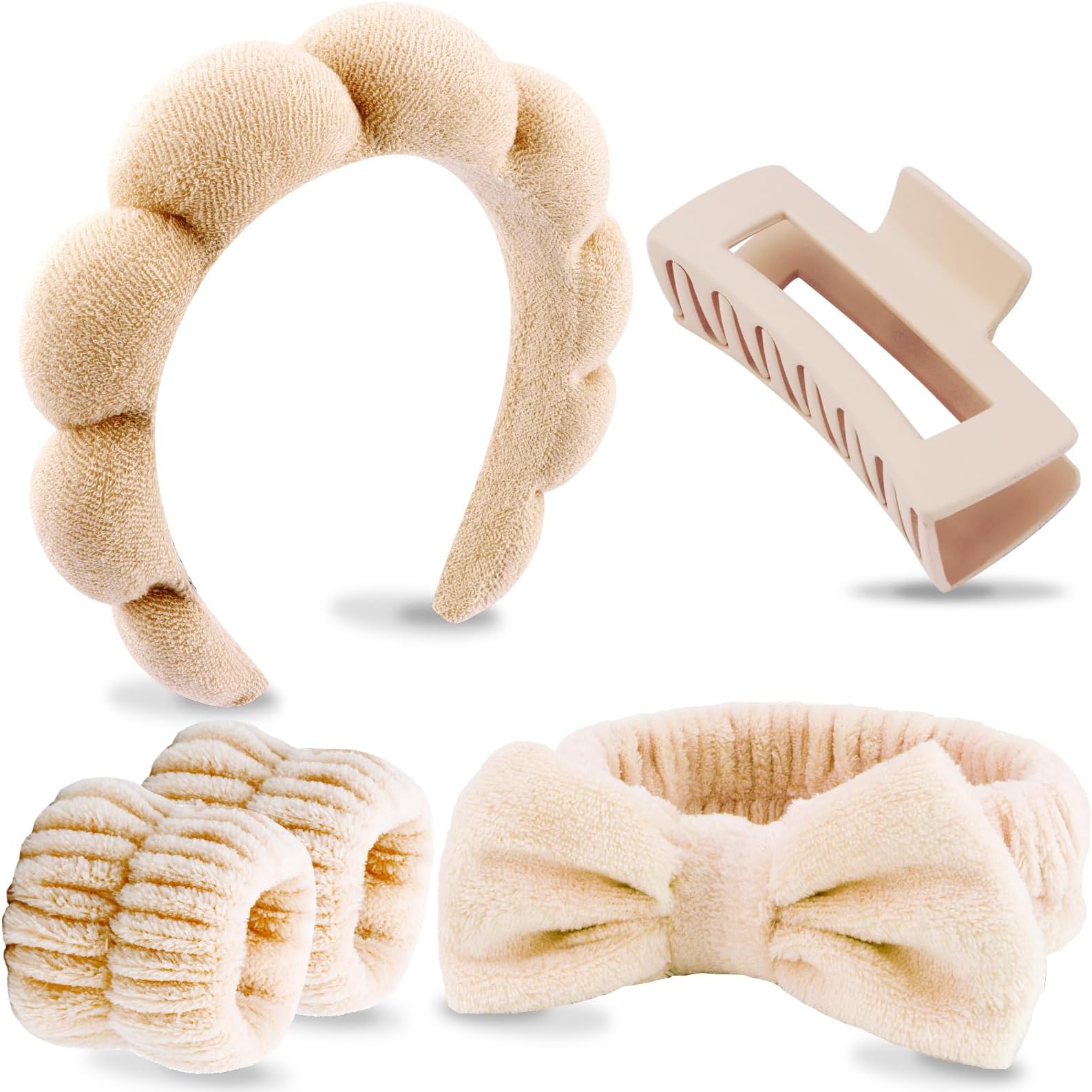 - VELSCRUN Spa Headbands for Wash Face, Makeup Headband, Facial Skincare Headbands, 5 Pcs Khaki Puffy Sponge Spa Headband Bow Tie Hair Band Hair Clips Wristband Set Women Girls Accessories