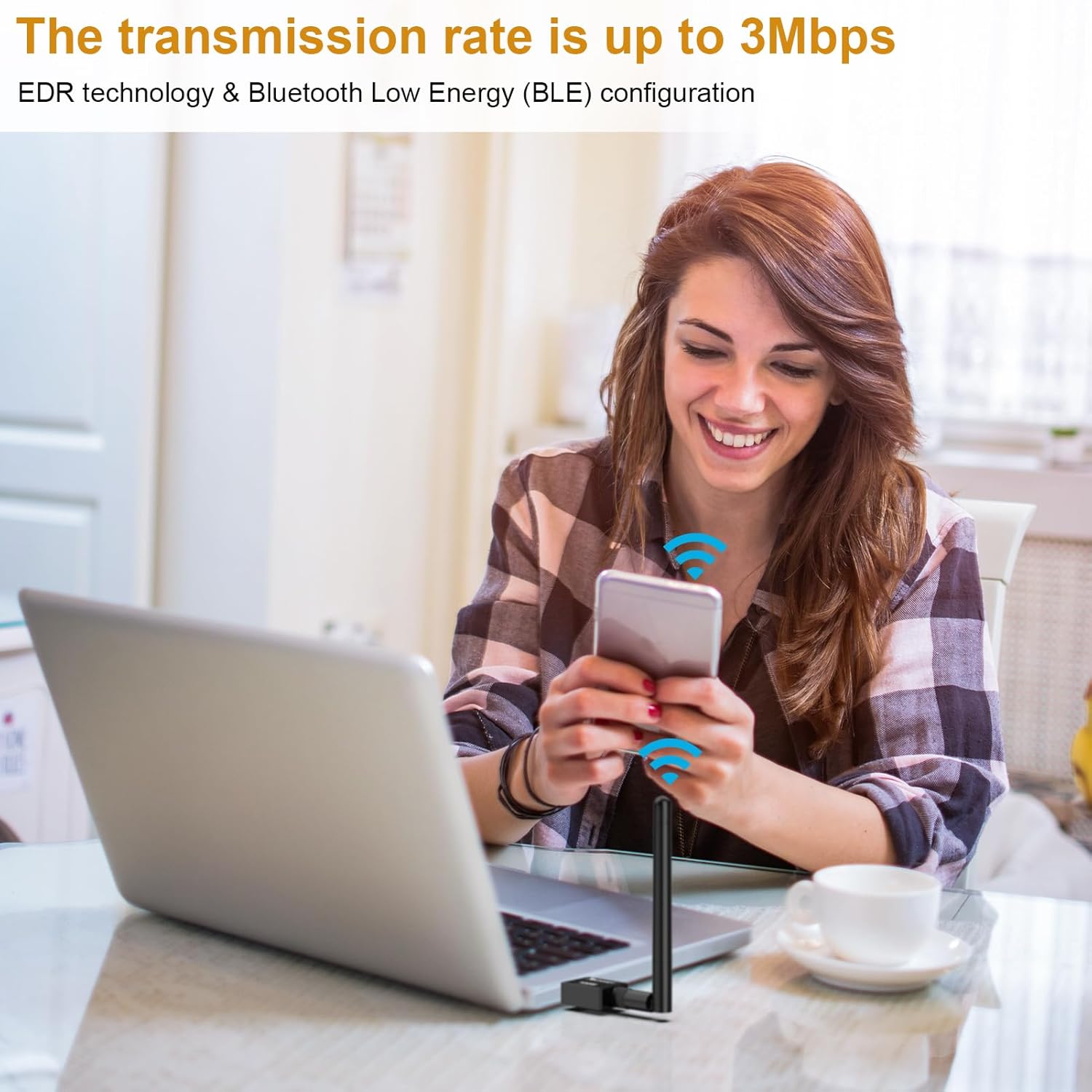 Woman using a smartphone and laptop with Bluetooth signals, illustrating 3Mbps transmission rate