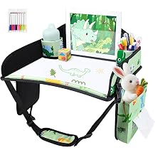 Kids Travel Tray, Kids Travel Trays for Car Seat, Road Trip Essentials for Toddler, Carseat Lap Tray with Dry Erase Board & Storage Organizer for Road Trip Activities for Kid, Green