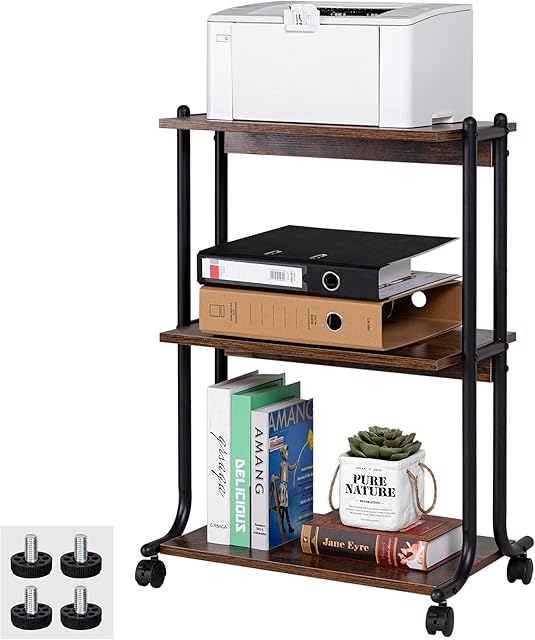 Becko Mobile Printer Stand 3 Tiers Wood/Metal Utility Cart with Shelf, Rolling Cart Storage Rack with Wheels/Anti-Slip Pads for Home Office (Brown)