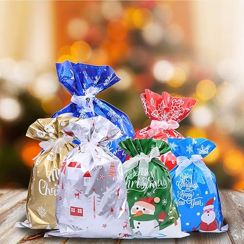 Miniatura 6 de 30 bolsas de regalo de Navidad, bolsas grandes para golosinas navideñas, bolsas de envoltura de regalos, bolsas de regalo con patrón de copos de