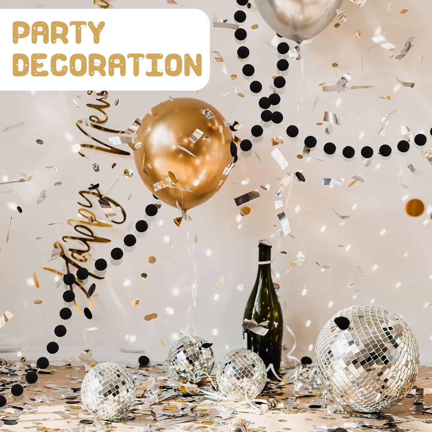 Tegeme 4 Pcs Pom Poms Garland 6.6ft Ball Banner Party Decor,Black