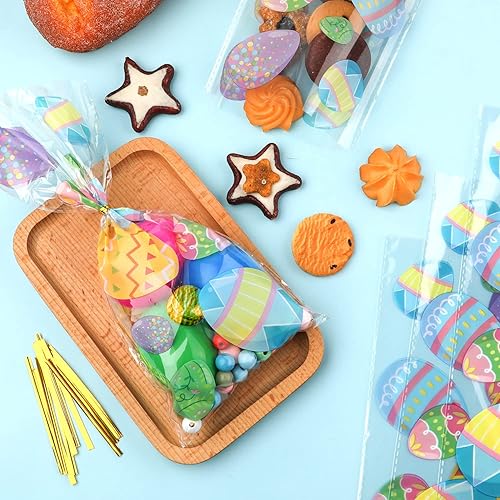 Miniatura 3 de 100 bolsas transparentes de Pascua, bolsas de dulces de galletas con 150 lazos dorados, bolsas de regalo para el día de Pascua con coloridos