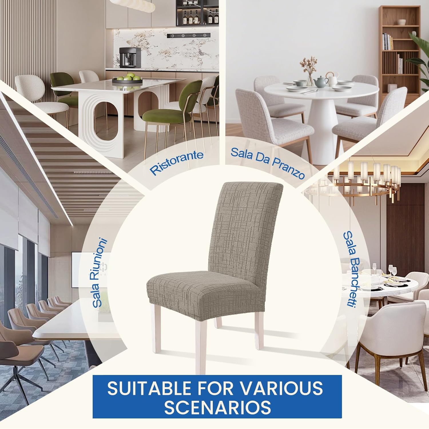 Dining Room Chair Covers Set of 6, Stretch Chair Covers, Washable Dining Chair Slipcovers, Kitchen Chair Covers, Parsons Chair Slipcover for Home, Restaurant, Banquet (Khaki)