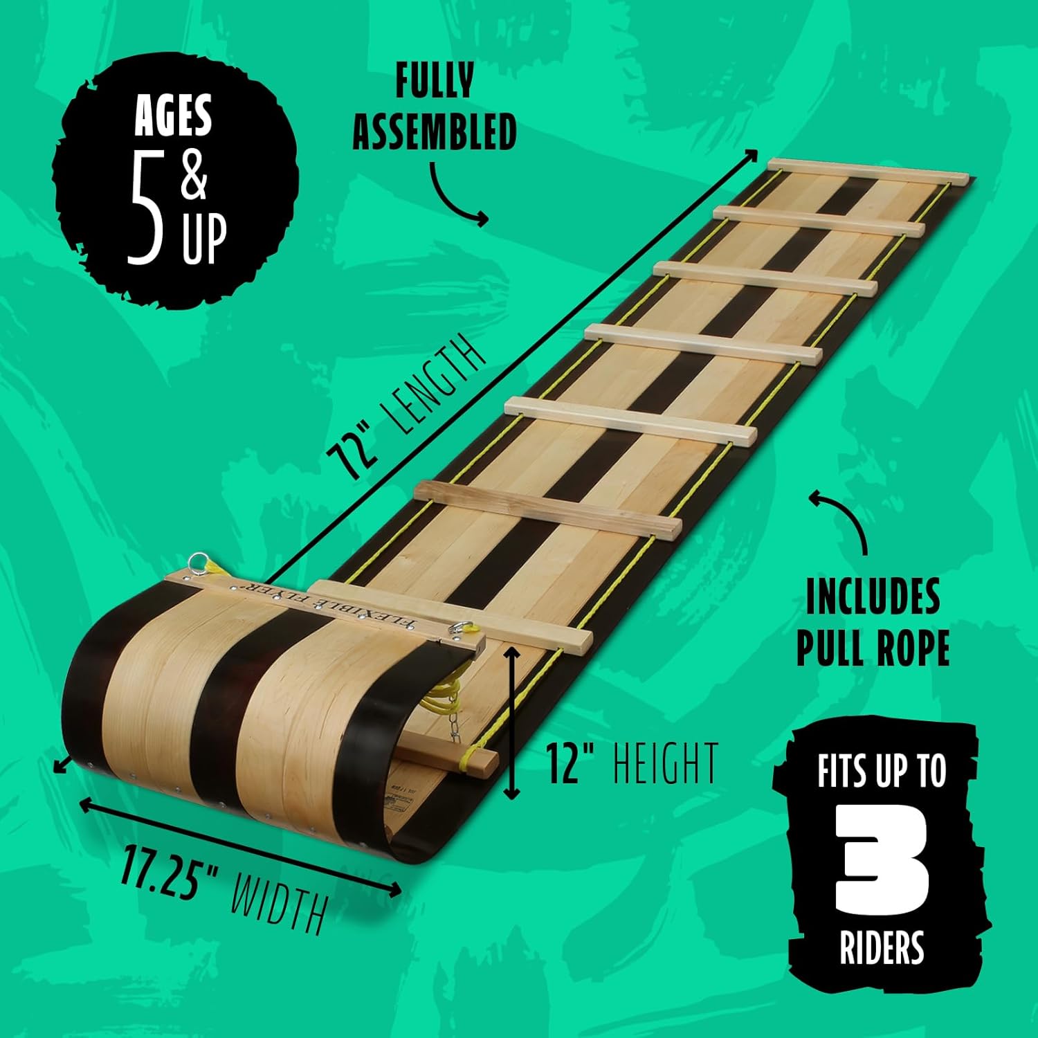 Flexible Flyer 6 Foot Classic Wood Toboggan Sled for 1 to 3 Riders (Walnut) - Long Snow Sled for Adults & Kids Ages 5 and Up with Runner Handles and Pull Rope Included