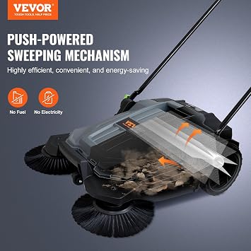 VEVOR Walk-Behind Hand Push Floor Sweeper, 25.6 Sweeping Width Floor Sweeper Manual Non-Electric, 5-Gallon Waste Container, Angle & Height Adjustable Folding Handle for Walkway, Yard, Garage, Patio