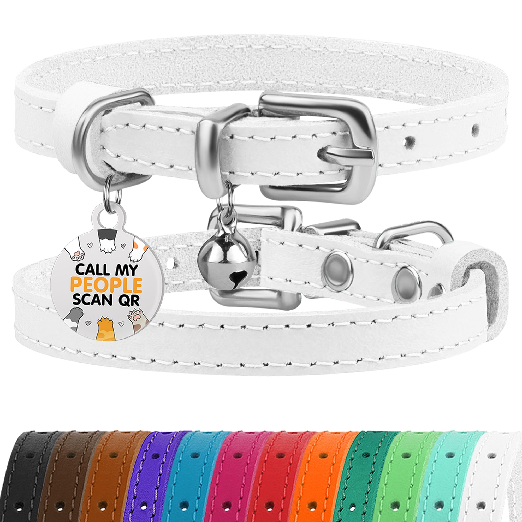 BRONZEDOG Leather Cat Collar with Removable Bells Non Breakaway Kitten QR Tag for Girl Boy (9" - 12" Cats/Mini Dogs, White & Silver)