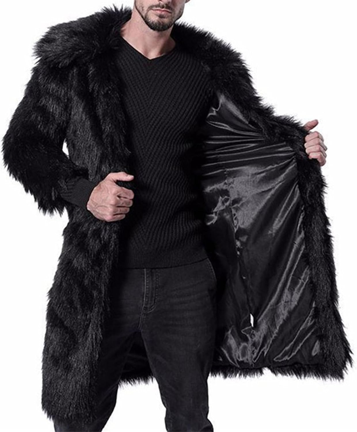 Faux Fur Coat for Men Winter Fluffy Coat Long Parka Overcoat Lapel Open Front Warm Fuzzy Shearling Trench Coat