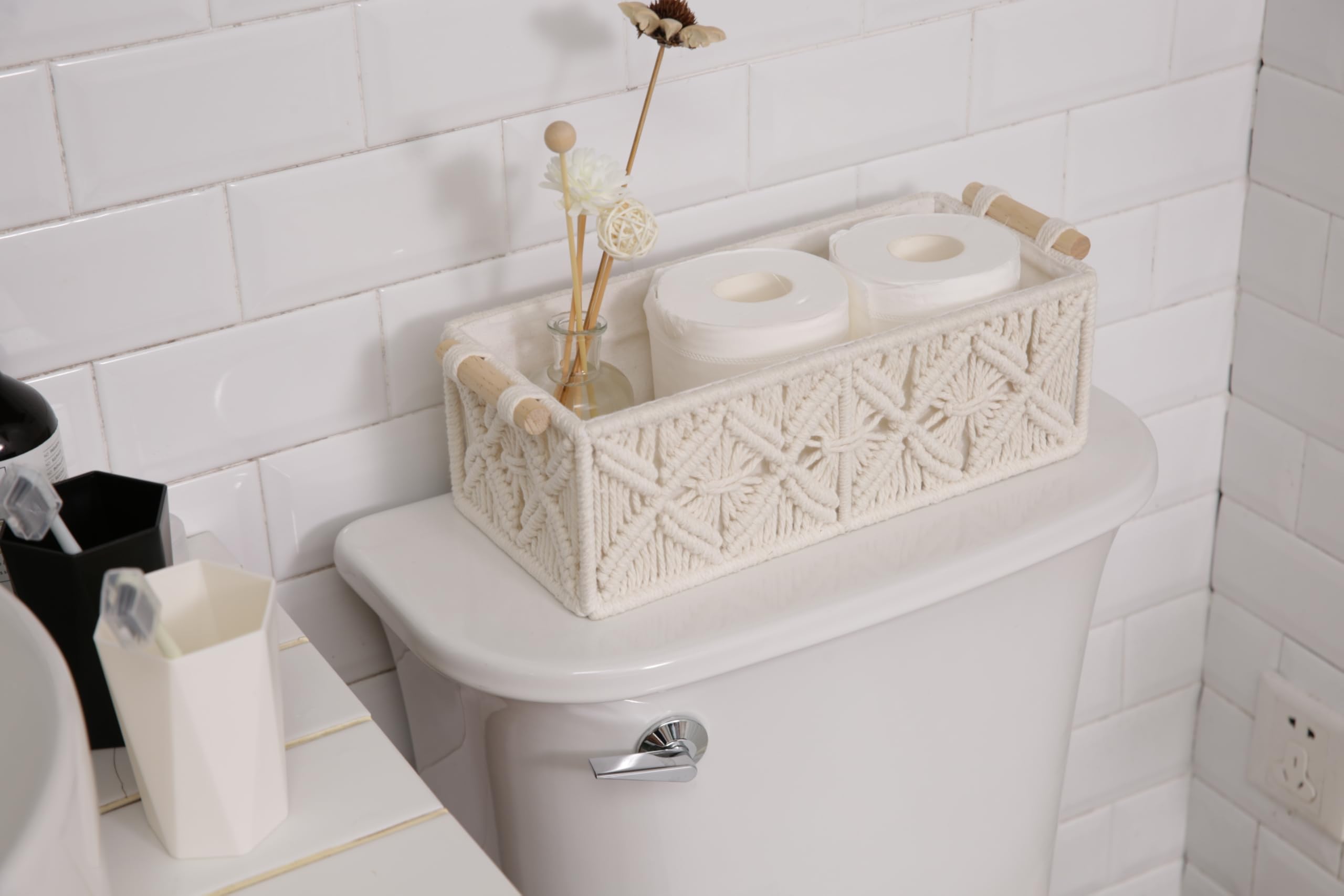 Nonam Macrame Storage Baskets, Boho Decor Style Woven Storage Boxes for Home Organization, Toilet Tank Shelf Cabinet Organizer Baskets,Set of 2 - White
