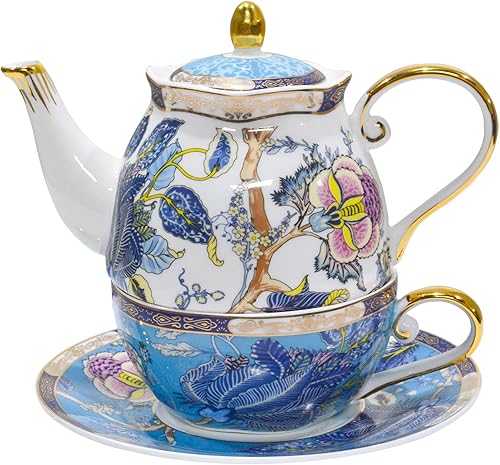 ACMLIFE Tea for One - Tetera y taza, juego de té de porcelana floral vintage para uno, tetera de porcelana de hueso con juego de taza, regalo de