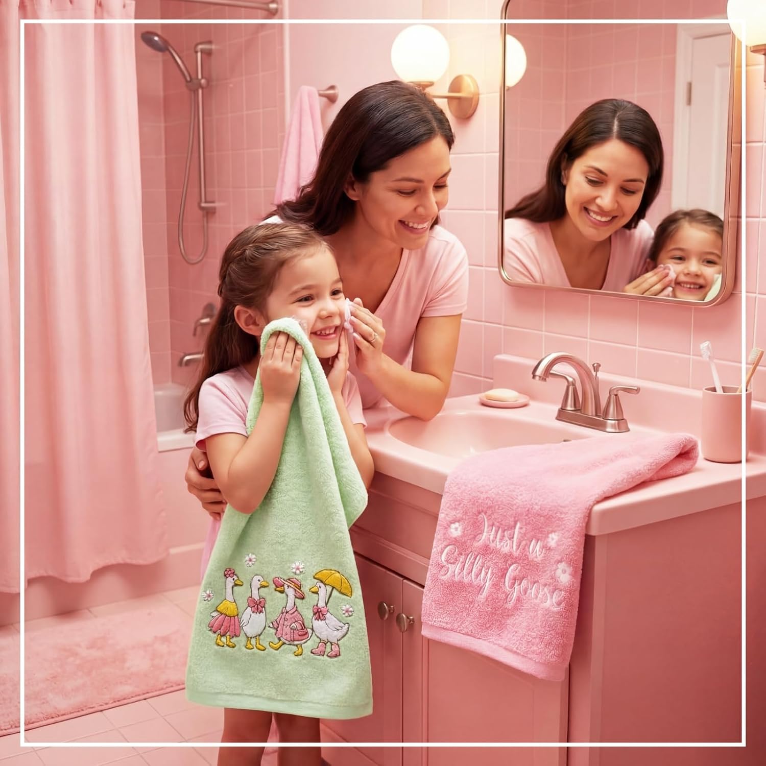 Moukeren 2 Pcs Silly Goose Hand Towels for Bathroom Cute Pink Green Embroidered Guest Towels Funny Goose Bathroom Decor Housewarming Gifts for Mom, 28x14 Inch