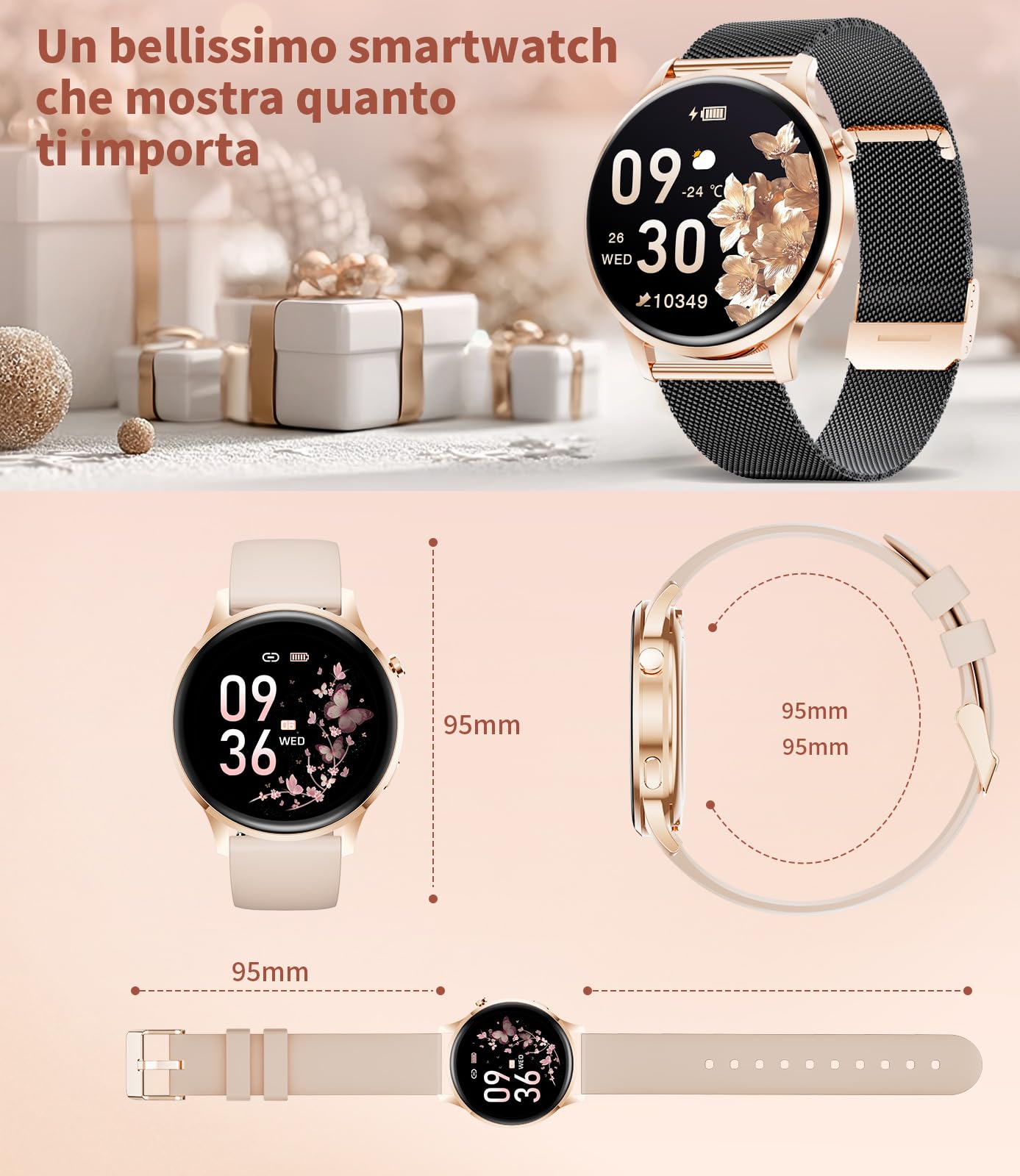 Smartwatch Donna, Display AMOLED 1,32" Ultra-sottile, Chiamate Bluetooth, IP68 Impermeabile, 116 Modalità Sport, Monitoraggio del Ciclo/Frequenza Cardiaca e Sonno, 2 Cinturini e 2 Cavi Inclusi，FV23-G