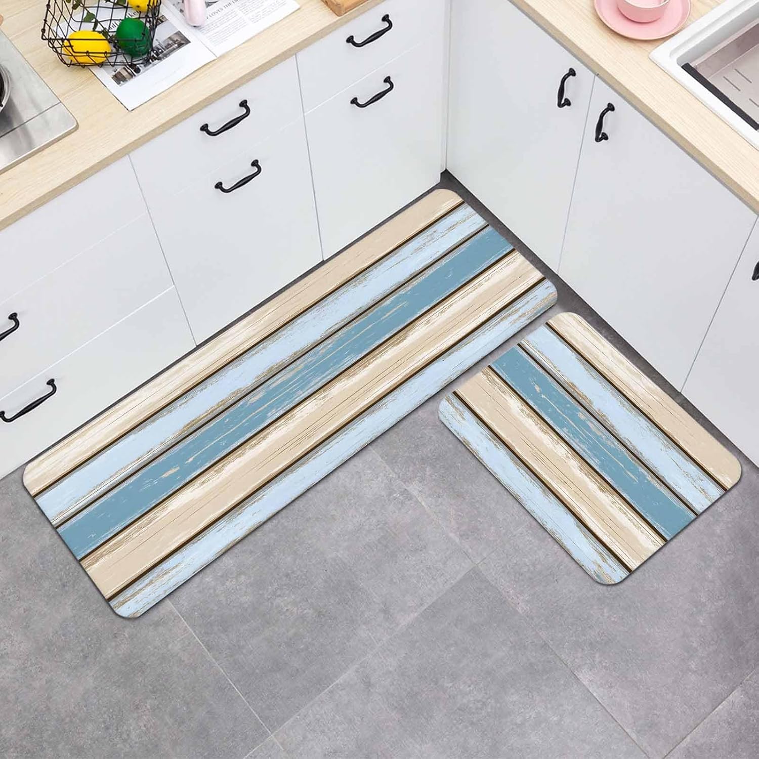 Prime Leader Retro Wood Grain Kitchen Mat Set 2 Pieces Blue Beige Board Farmhouse Countryside Non Slip Kitchen Rugs Washable Runner Rug Mats for Sink Laundry (19.7" x 31.5"+19.7" x 63")