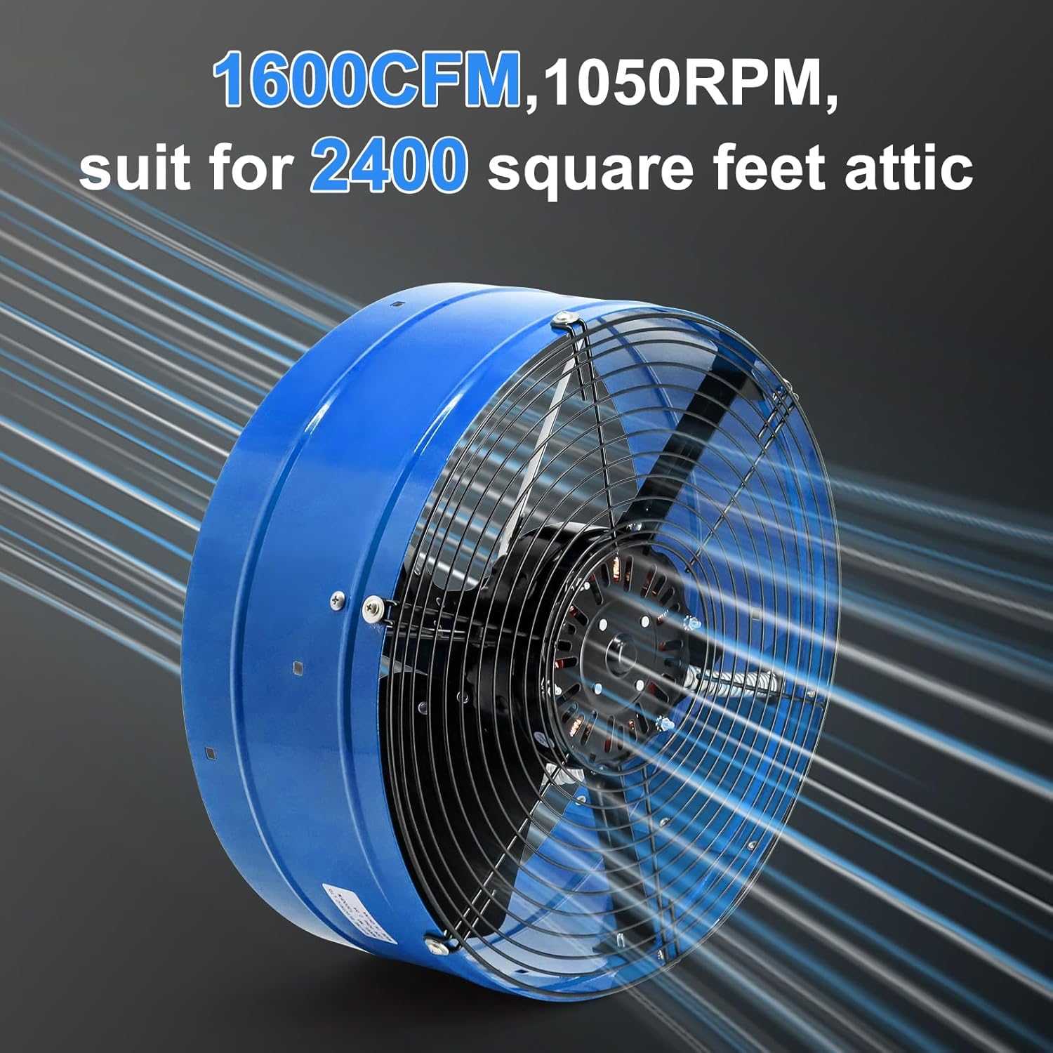 Attic Vent Fan with Adjustable Thermostat, 15" Gable Mount Ventilation Exhaust Fan 1600 CFM, 1050 RPM, 2400 SQ. FT. Attic Ventilator Blue for Gable, Shed, Home,Garages