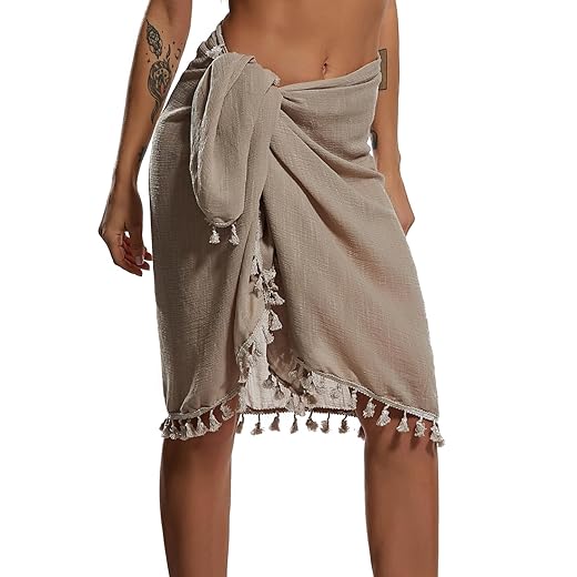 Eicolorte Sarong Wraps Women Swim Cover Up Skirt Tie Pareo Beach Shawls Bathing Suit (Khaki-Short)