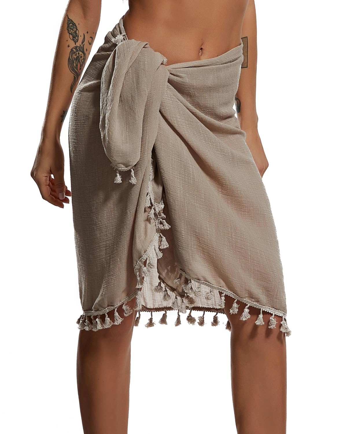 Beach Sarong Pareo Womens Semi-Sheer Swimwear Cover Ups Short Skirt with Tassels