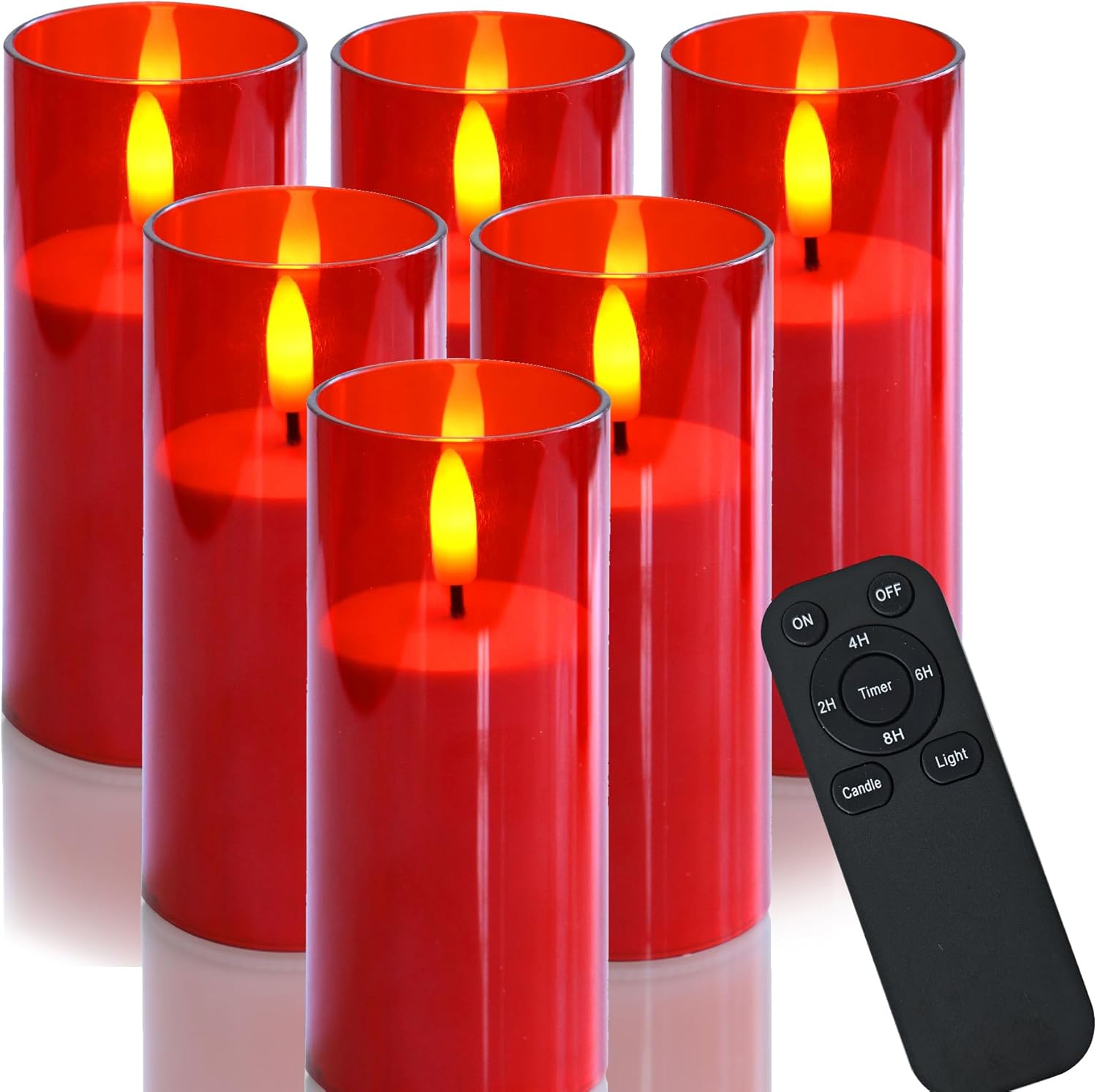 2x5 Inches Red Battery Operated Flameless Candles with Remote Timer Clear Transparent Lampshade Flickering LED Electric Fake Pillar for Valentine's Day Christmas Party Centerpieces Table Set of 6