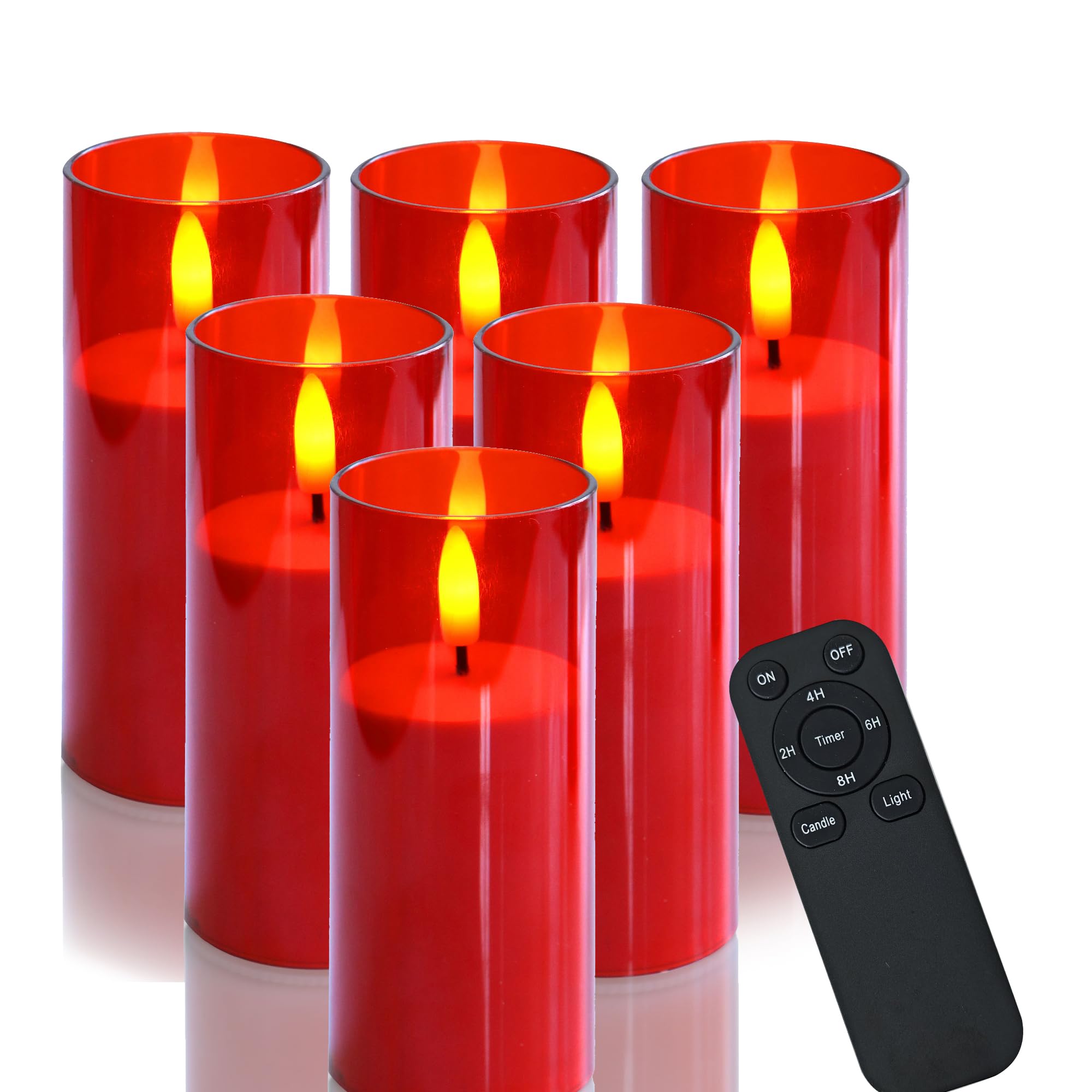 Set di 6 candele rosse senza fiamma a batteria con timer a distanza, 5 x 12,7 cm, paralumi a LED tremolanti, per San Valentino, Natale, feste, centrotavola, tavolo