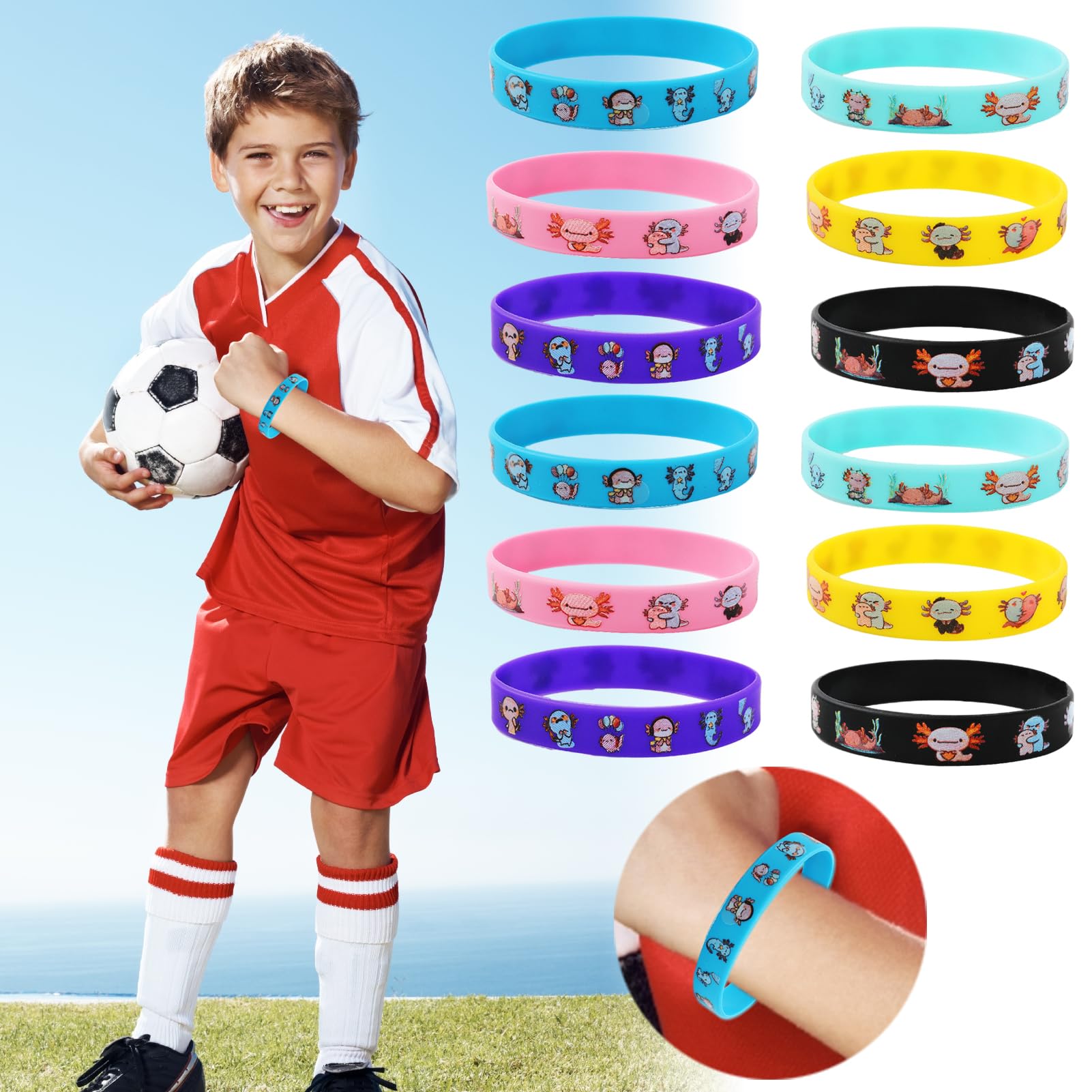 Lot De Cadeaux Axolotl – 12 Porte-clés, Bracelets, Lance-pierres, Sacs, Autocollants – Anniversaire – Sac à Surprises – Enfant