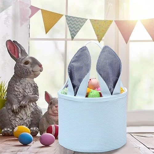 Miniatura 7 de Cesta de Pascua de sirsaca para niños con lindas orejas de conejo a rayas, regalos de almacenamiento de caramelos, regalos personalizados para