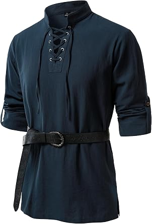 Men Retro Lace Up Renaissance Medieval Costume Shirt | Pure Cotton, Without Belt, Mandarin Collar, Long Sleeve, Pirate, Viking, Halloween