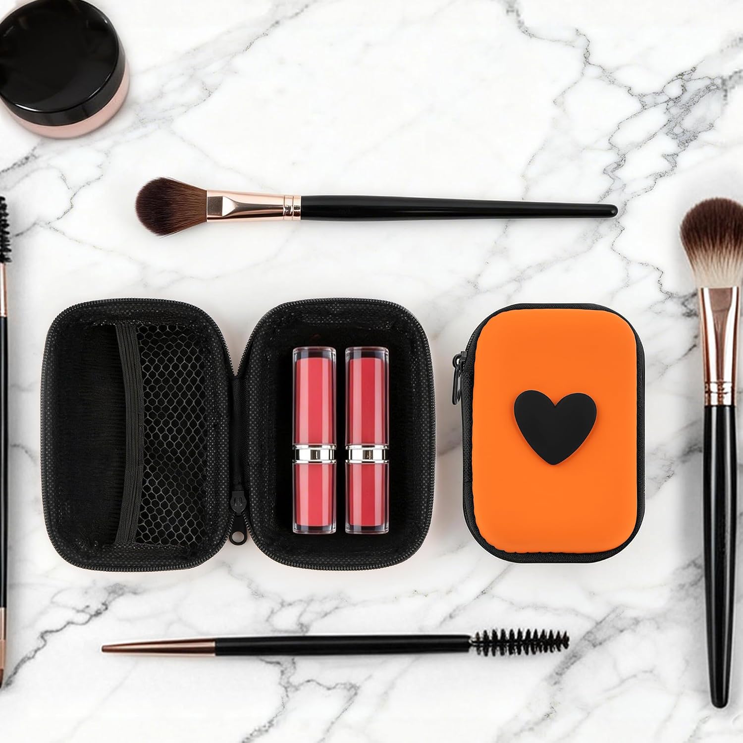 SHIDOW EVA Heart Lipstick Case Hard Shell Zipper Mesh Pocket Orange 2Pcs | 2Pcs lipstick case Fits 3 Lipsticks Orange