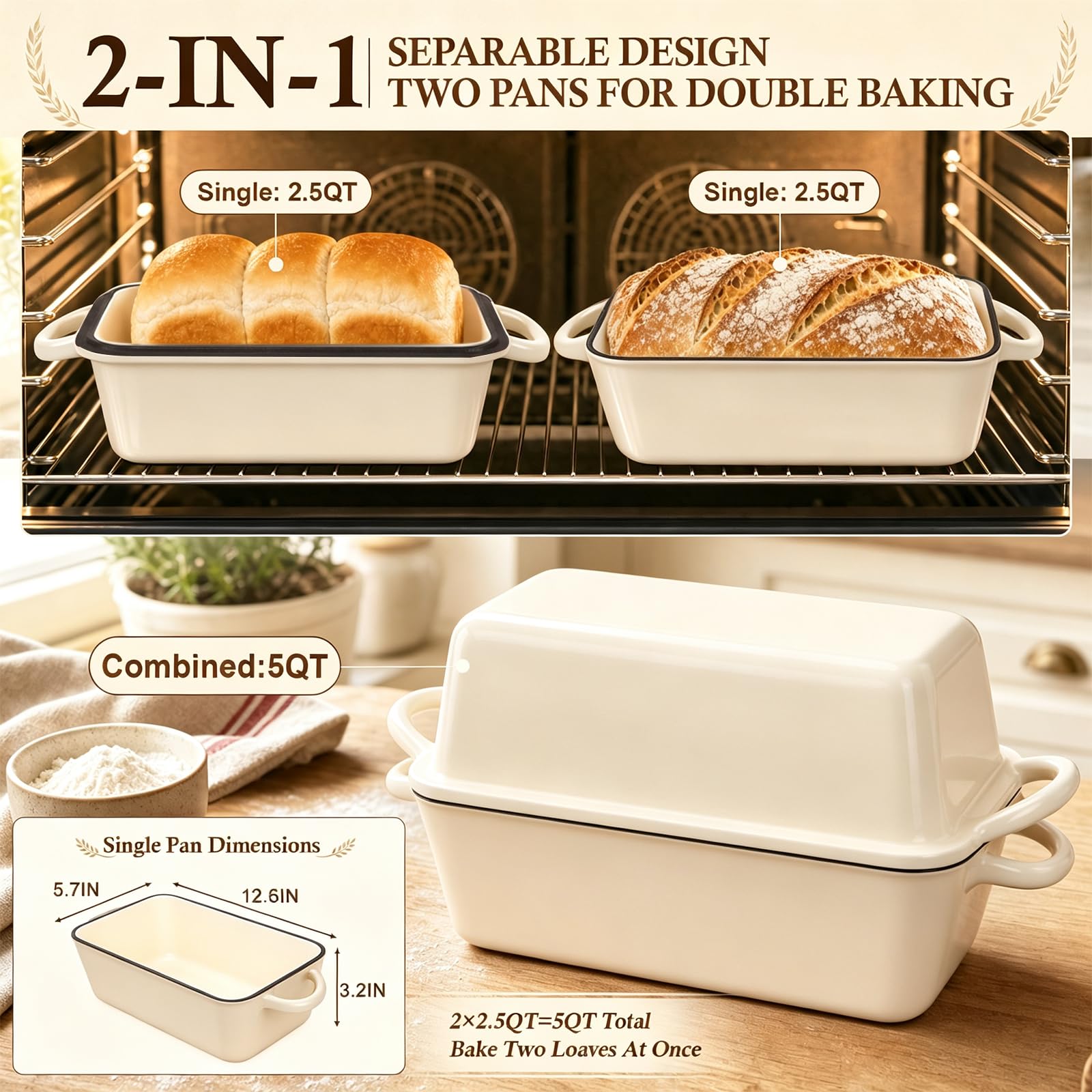 Emaillierte Gusseisen Brotbackform 4,7 Lmit Deckel 32,0 cm, Cremeweiß