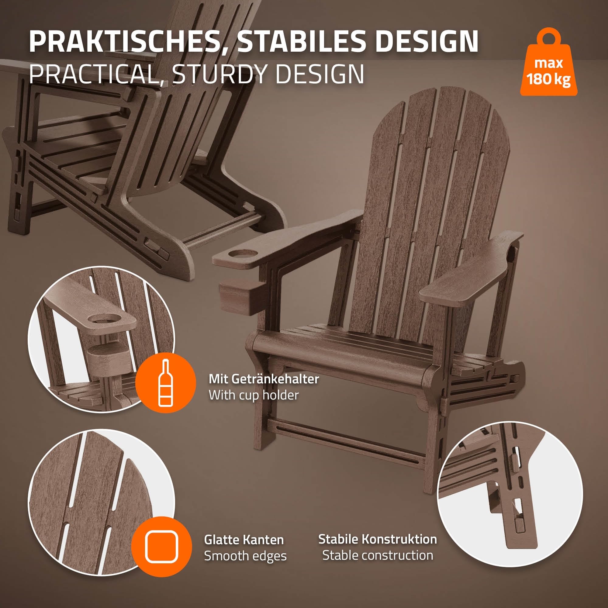 ML-Design Chaise Adirondack Marron avec Porte-Gobelet Intégré, Siège de Jardin en Plastique HDPE Aspect Bois, Résistant aux Intempéries, Montage Facile, Fauteuil Extérieur pour Terrasse Patio Balcon
