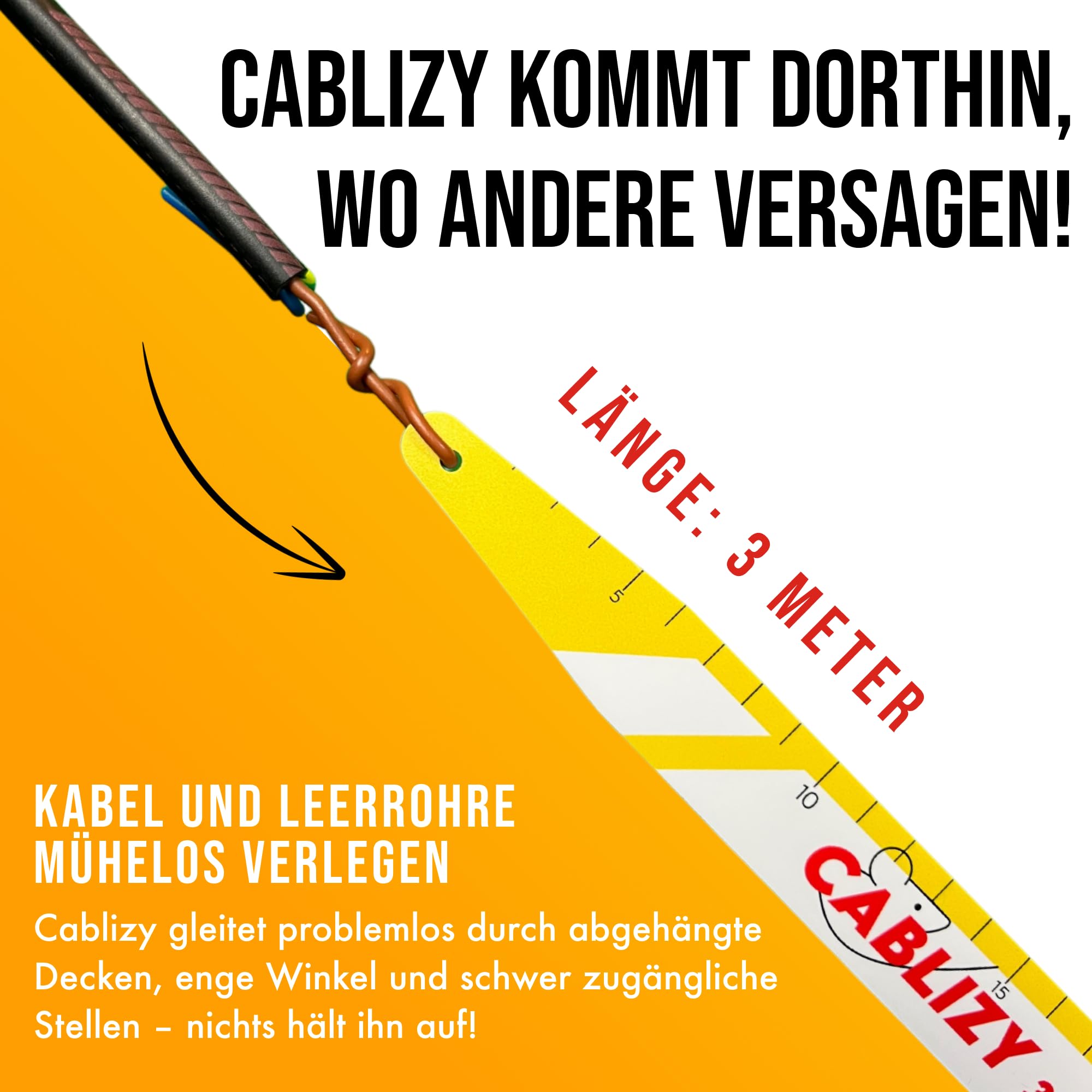 Kabeleinziehhilfe 3m | Flexibles Kabel Einziehband für Elektriker & Handwerker | Werkzeug für Kabeldurchzug in Leerrohren, Decken, Wänden & engen Bereichen