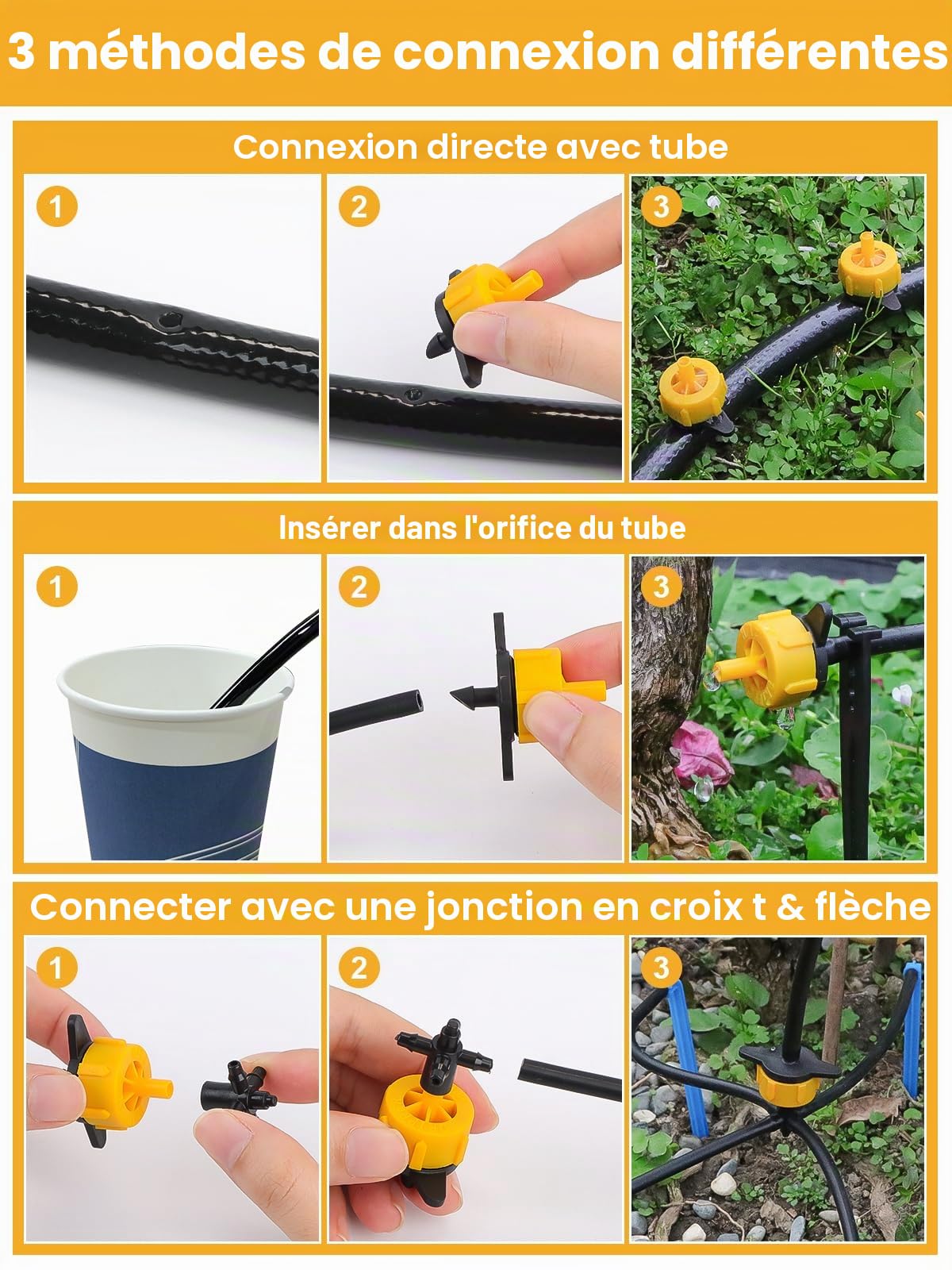 100 1/4" Goutteurs d'Irrigation Goutte à Goutte, Kalolary Goutteur à Compensation Pression 1/2 GPH pour Tube de 4/7 mm, Micro Arroseur Tête Débit Constant Irrigation Goutte Sous Pression 2 L/H (Jaune)