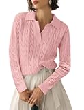 Womens Fall Long Sleeve Sweaters Lapel V Neck Cable Knitted Pullover Casual Soft Jumper Top