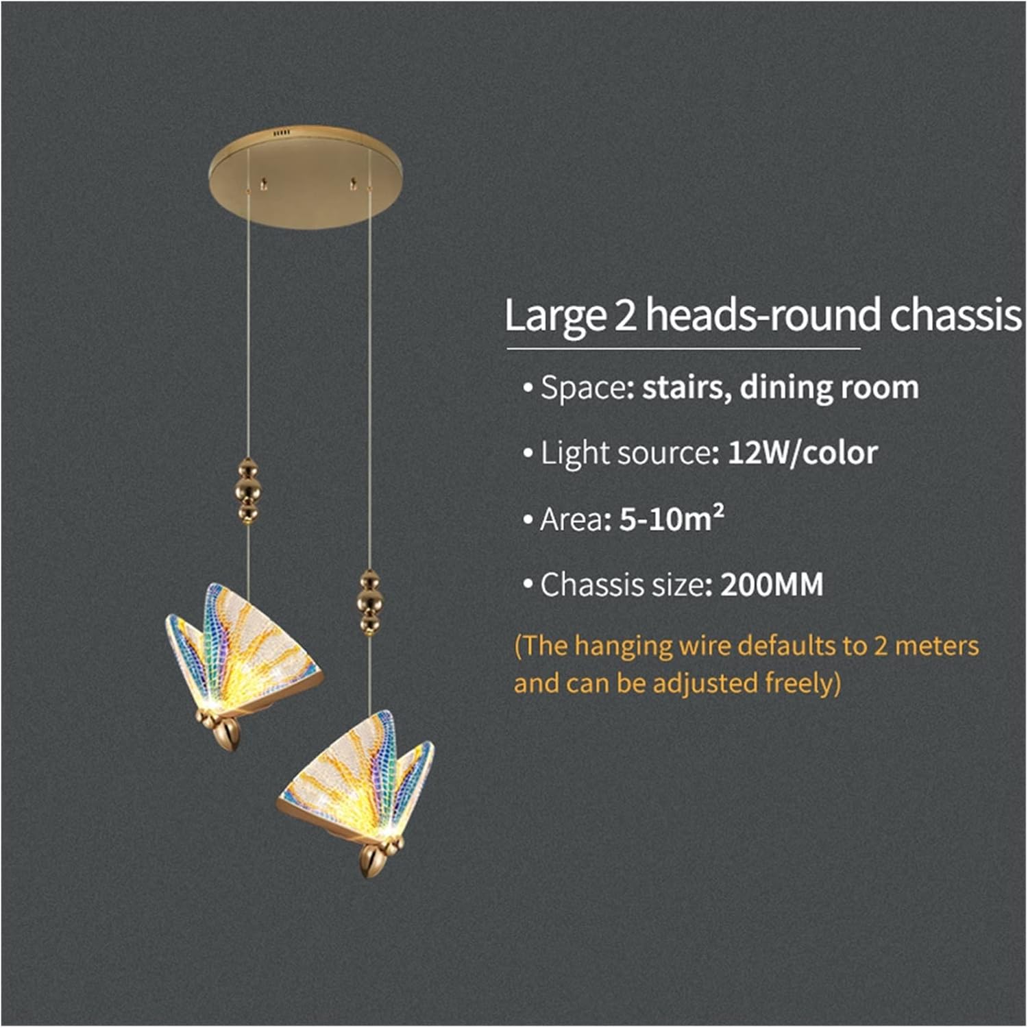 Butterfly Long Creative Art Rotating Stair Pandent Lights LED Duplex Villa Lighting for Living Room Dining Room Lamp (Color : Large 1 Head Size : Warmlight) (2 Heads Round Whitelight)