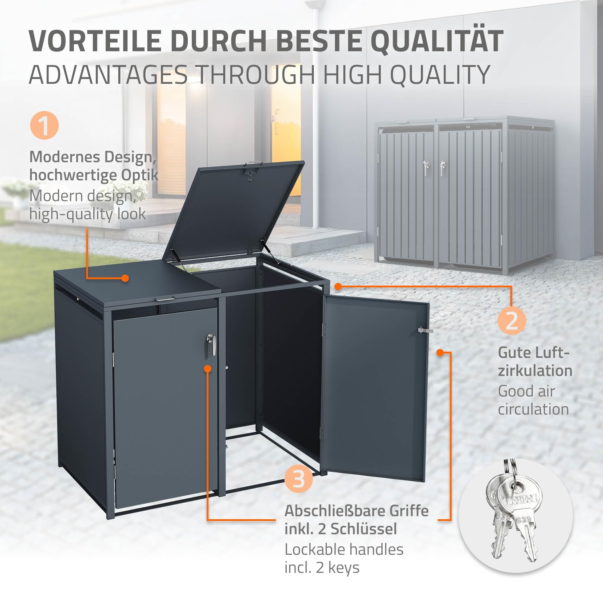 ML-Design Abri de Poubelle, pour 2 Conteneurs à Ordures, 240L, 132x80x116,3 cm, Acier, Anthracite, Conteneur avec Couvercle Rabattable, 2X Portes à Poignées, 4 Clés, Résistant aux Intempéries