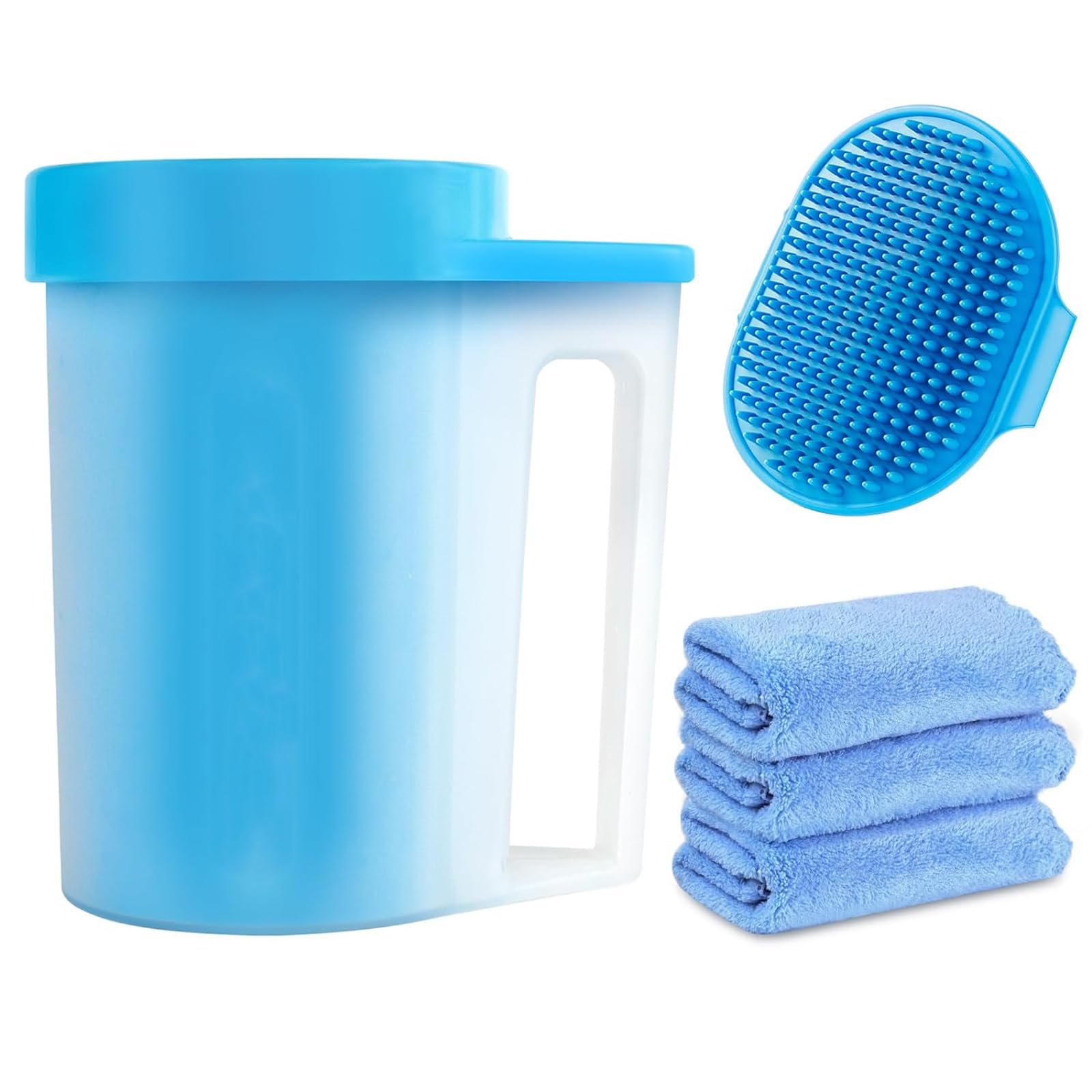 ALMEKAQUZDog Paw Cleaner with Handle for Medium Dogs, with Absorbent Towels and Adjustable Dog Bath Brush, Dog Paw Washer, Pet Foot Cleaner (Set of 3, Blue)