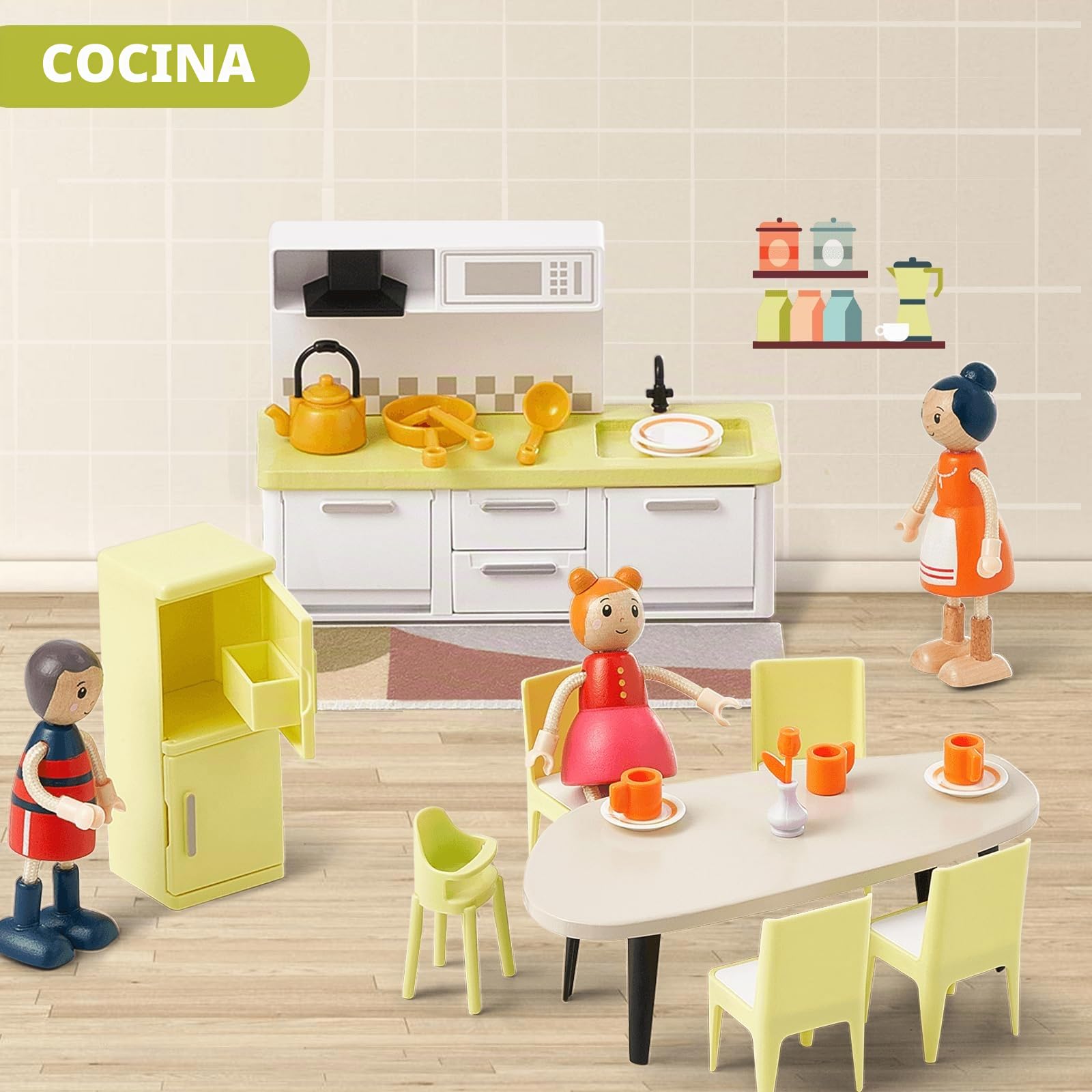 Juego de Muebles para Casa de Muñecas de Madera, 85 Piezas, Casa de Muñecas Moderna con 6 Habitaciones, Accesorios para Muñecas, Juguete para Niños, Niñas y Niños Pequeños de 3+ Años