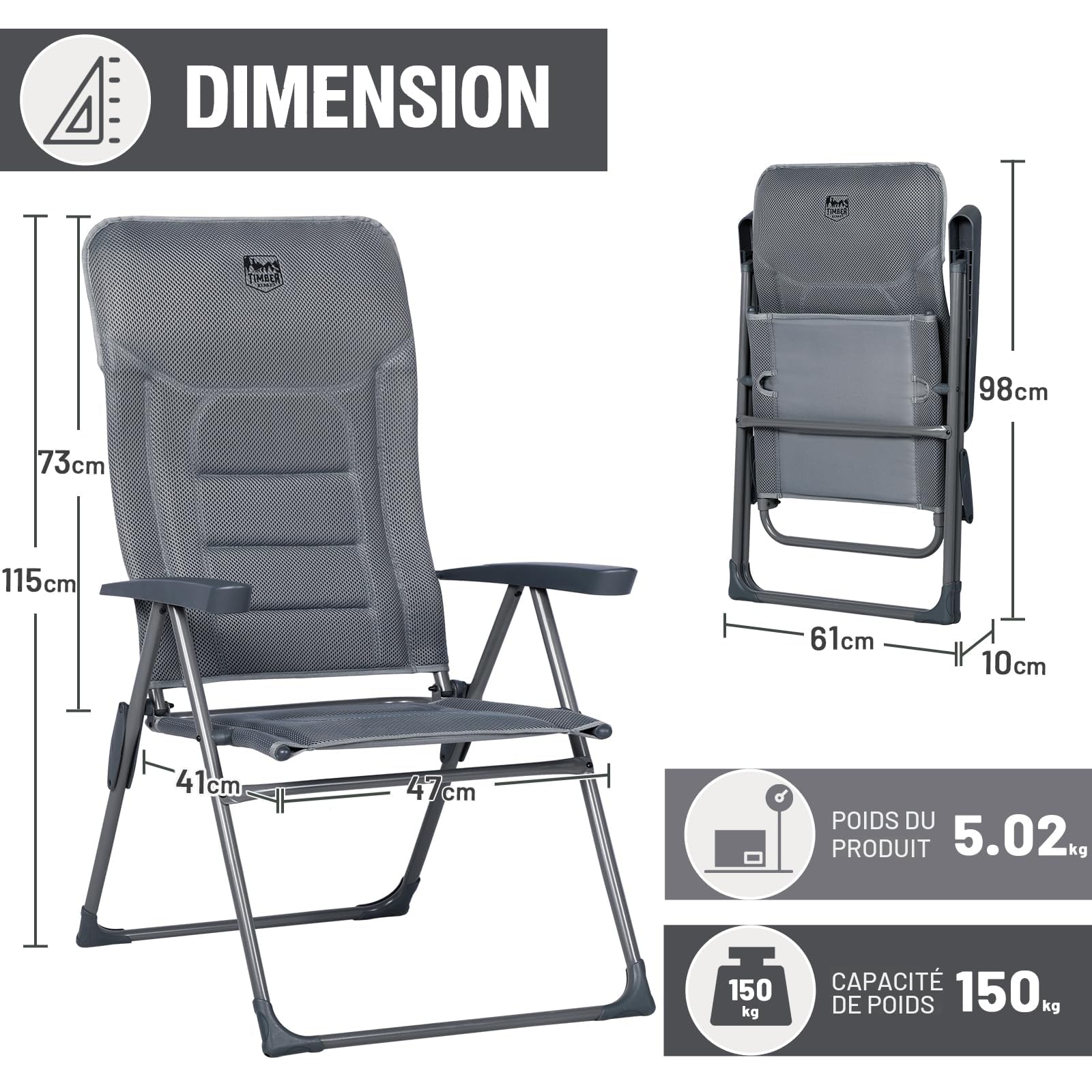 TIMBER RIDGE Chaise de Jardin Pliante Alu Dossier Inclinable 7 Positions | Fauteuil pliable léger en aluminium, assise confortable et pliage rapide, idéale pour le jardin, la terrasse et le balcon