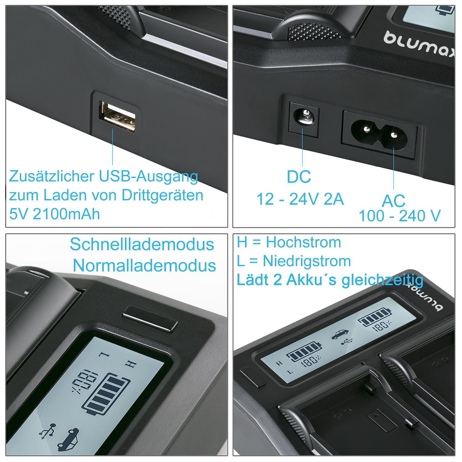 Chargeur Double pour Batteries Type Sony NP-F970/NP-F960 - Compatible avec Sony NP-F970/NP-F960/NP-F990/NP-F550/NP-F750/NP-FM50/NP-FM500H/NP-FM500 - pour Charger 2 Batteries en même Temps