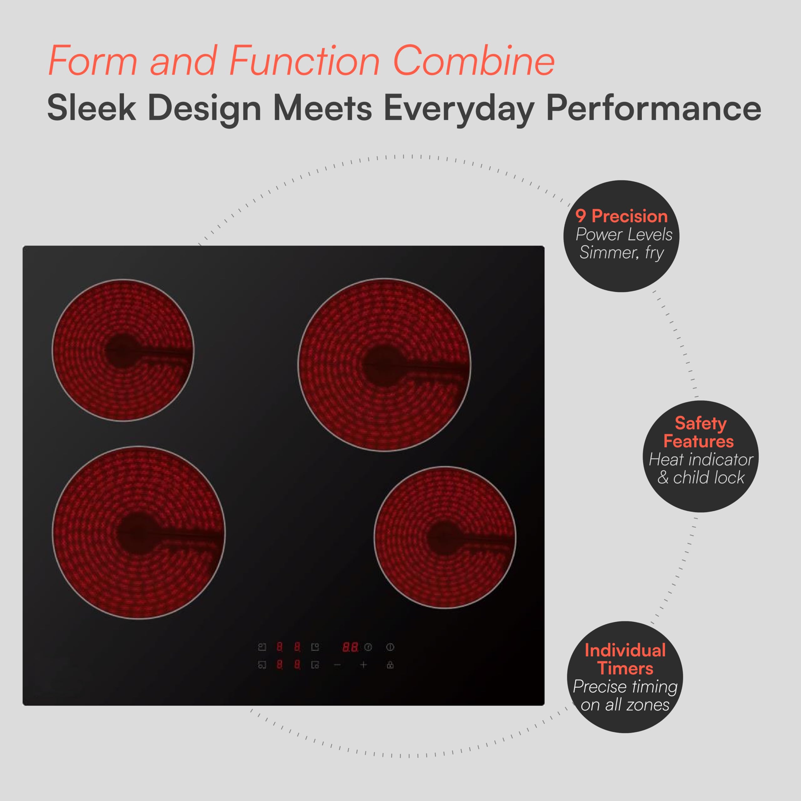 Cookology CET601 60cm Ceramic Hob - 4 Zone 6000W Electric Hob - Touch Control Panel - 9 Power Levels - Residual Heat Indicators & Child Lock — view 3