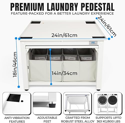 Miniatura 3 de Pedestal para lavadora y secadora con estante extraíble, 24 pulgadas de ancho, 18 pulgadas de alto, acero blanco, ajuste universal con las