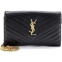 Saint Laurent, Pre-Loved Classic Monogram Wallet on Chain Matelasse Chevron Leather Medium, Black