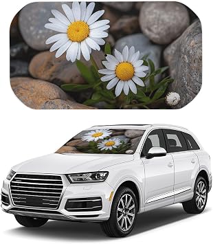 Car Windshield Sun Shade Umbrella Daisies and Rocks Car Sun Shade for Windshield PG Fabric Sun Protection for Cars, SUVs, Trucks - Compact Design & Heat Resistant Auto Sunshade