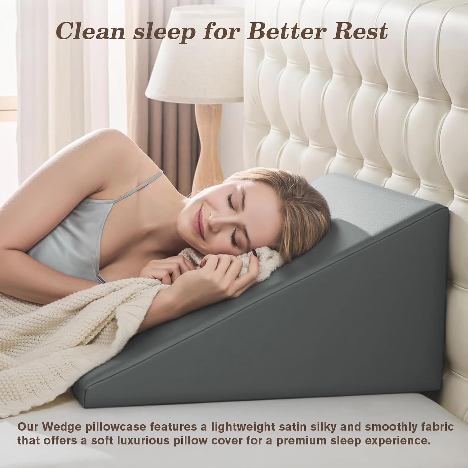 Wedge Pillow Case Cover for Style Protection, Thickened Satin Fabric Soft & Skin-Friendly, Wedge Pillow Cover with Zipper for Easy Install, Machine Washable (Dark Grey, 25"x25"x8")