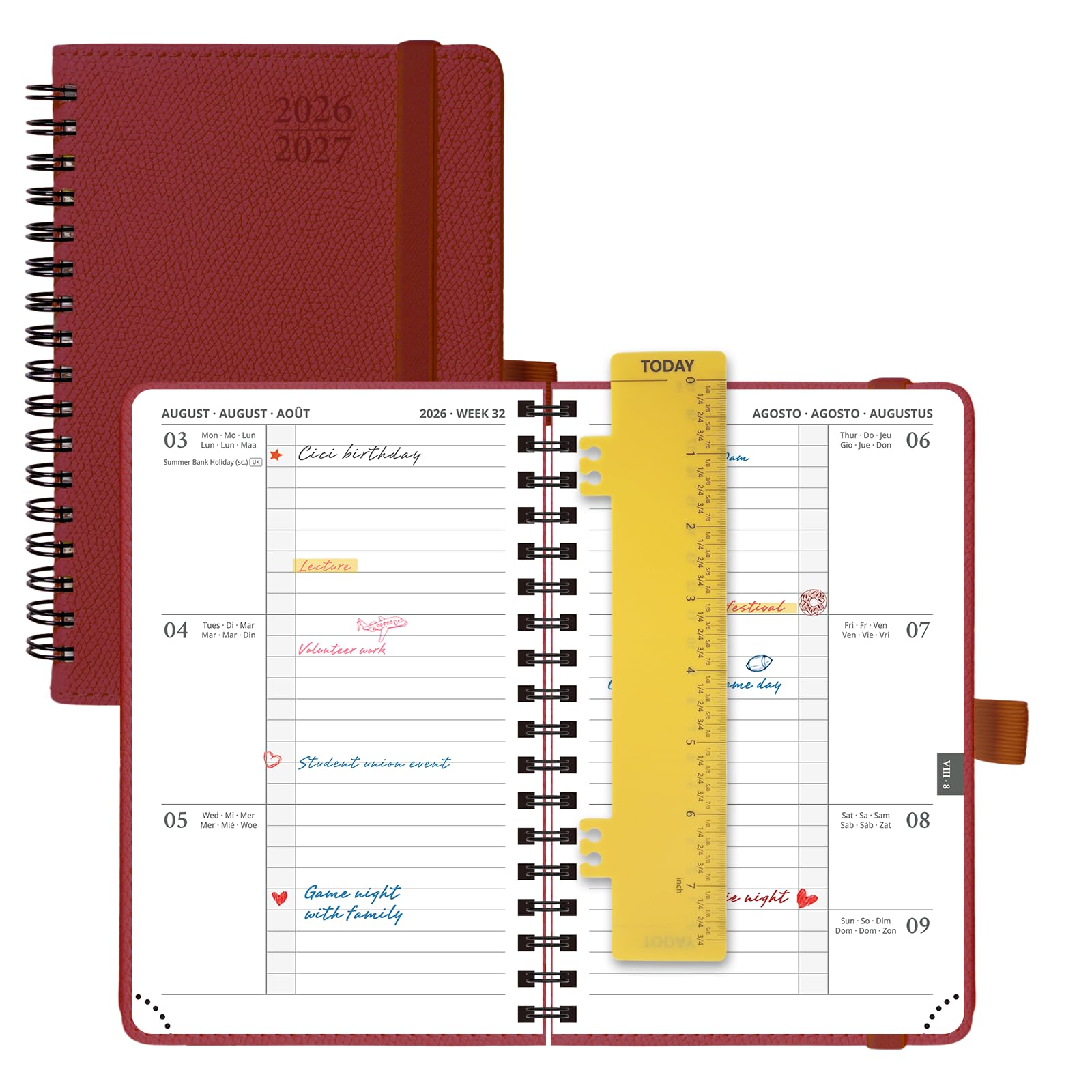 POPRUN 2026-2027 A6 Academic Diary Week to View (16x10.5 cm) Soft Cover Spiral Horizontal Weekly Planner 17 Months (Aug'26 - Dec'27) Mid Year 26/27(Burgundy)