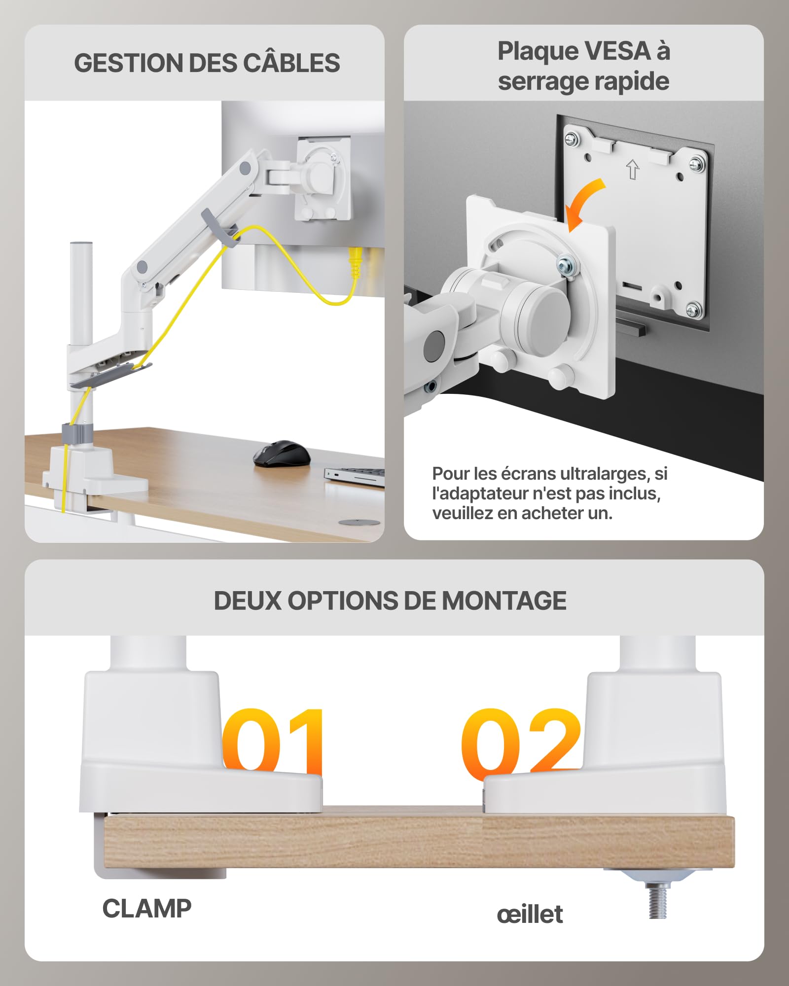 monTEK Bras Ecran PC17 à 57", avec Colonne, VESA75/100, Charge Max 27Kg