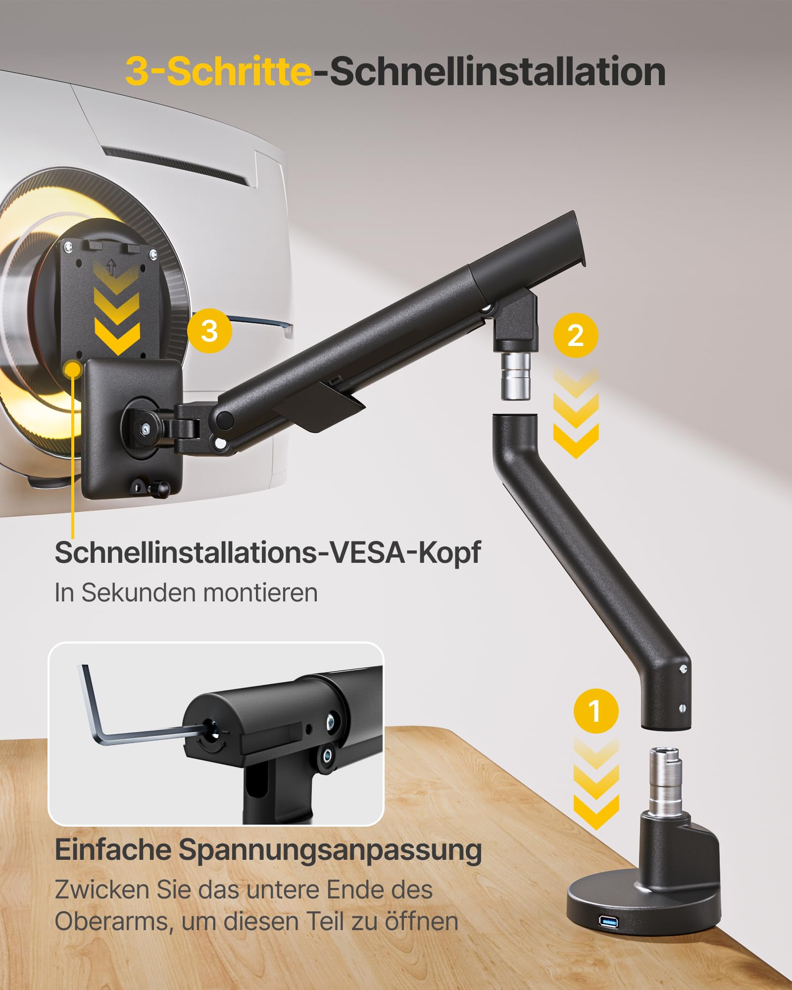 monTEK Monitor Halterung für 17-40 Zoll Bildschirm mit USB, Schwarz | Tragfähigkeit 11KG, Stabil, Höhenverstellbare Gasdruckfeder Monitor Arm mit Klemmschelle/ Tischdurchführung, VESA 75/100mm