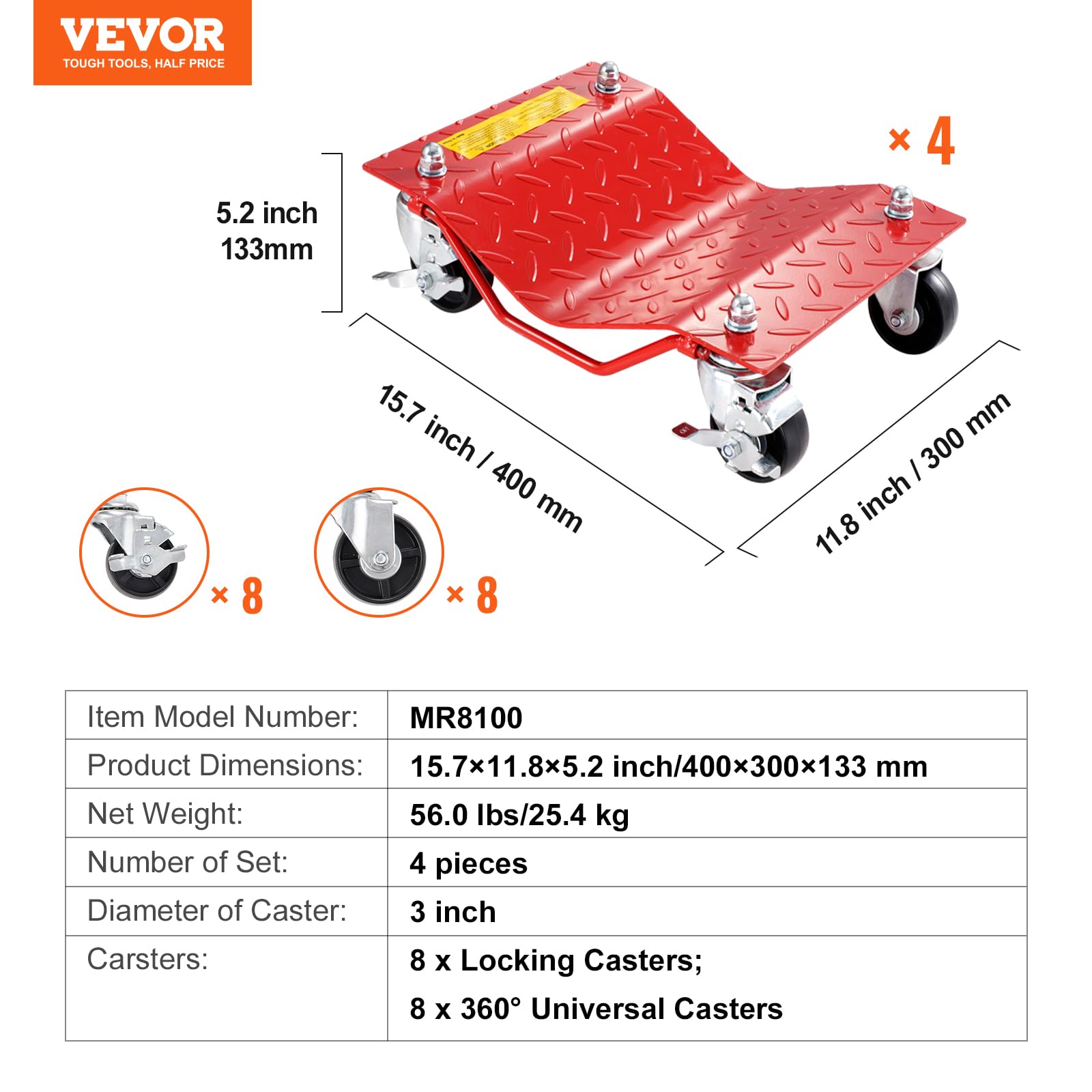 VEVOR Chariot de Manutention de Voiture 4PCs Capacité Totale 3,6 T, Chariot Déplace Voiture en Acier, avec Roues, Aide à la Manœuvre Positionnement pour Véhicule Camion Remorque Moto Bateau, Rouge