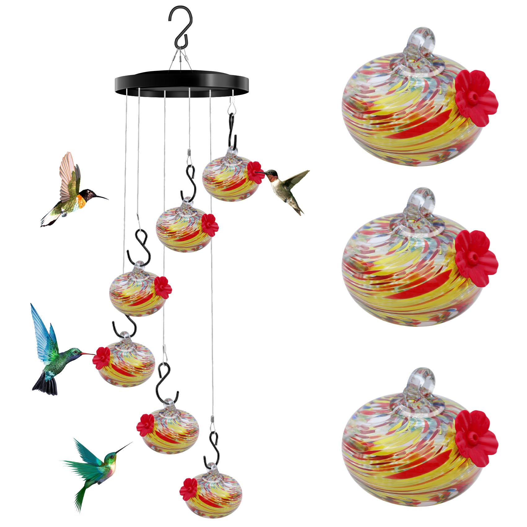 6er Set Mundgeblasene Kolibri-Futterspender – Mit Windspiel, Bienensicher & Auslaufsicher