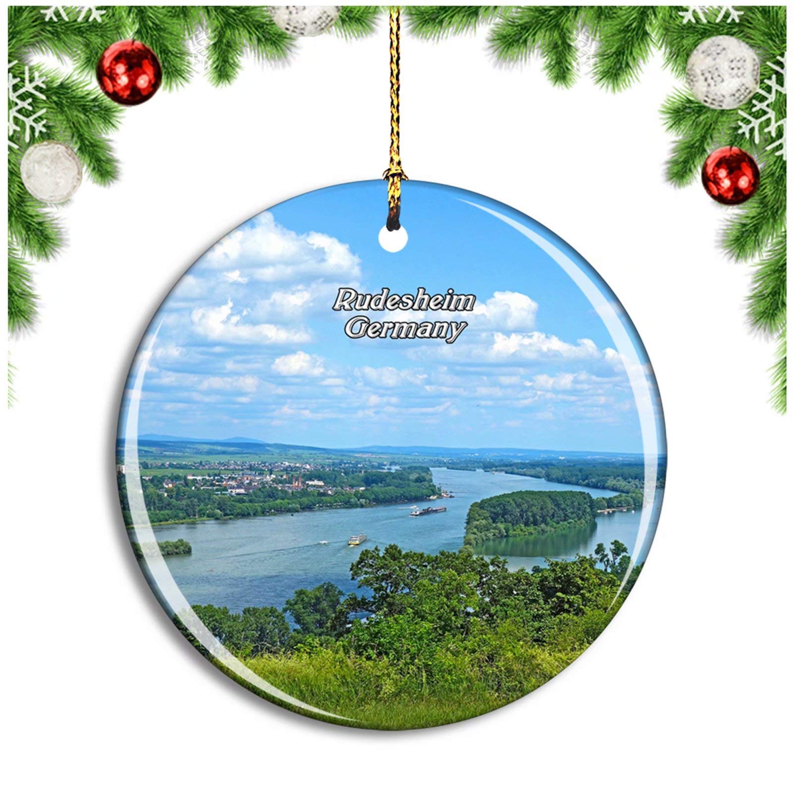Weekino Rudesheim Skyline Germany Christmas Ornament Xmas Tree Decoration Hanging Pendant Travel Souvenir Collection Double Sided Porcelain 2.85 Inch