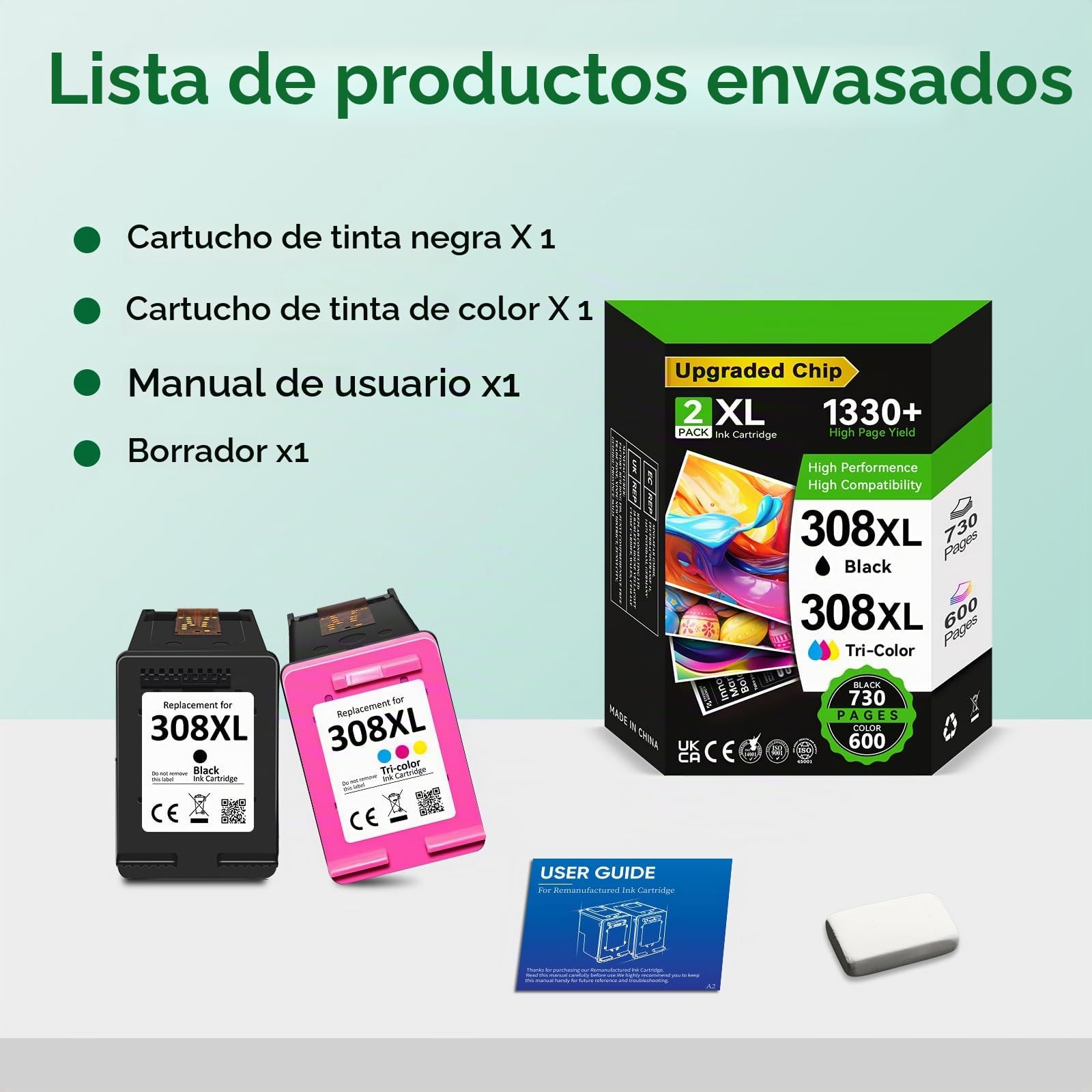 Cartuchos 308XL BK/CMY - 730/600+ Páginas, Reemplazo para Originale Tinta HP 308 Negro & Color, para HP Envy 6120e 6122e 6132e 6520e 6530e 6532e 6558e 6110e 6130e DeskJet 2910 2920 2921 2922
